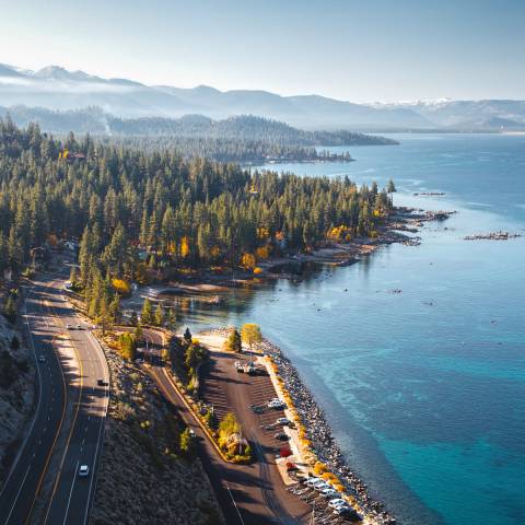 Aerial Photo Of Drone Over Lake Tahoe In Fall