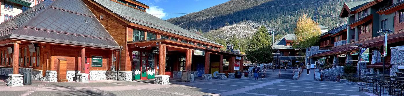 Rows of shops in the Stateline area of South Lake Tahoe during a sunny day.