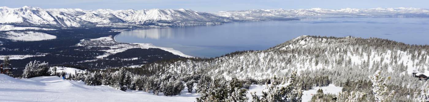 View of South Lake Tahoe from Snowy Ski Resort